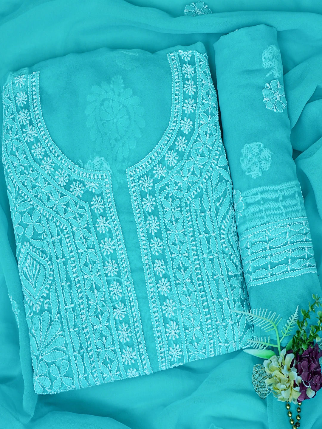 Ada Hand Embroidered Rama Green Georgette Lucknowi Chikankari Unstitched Suit Piece 01A835659