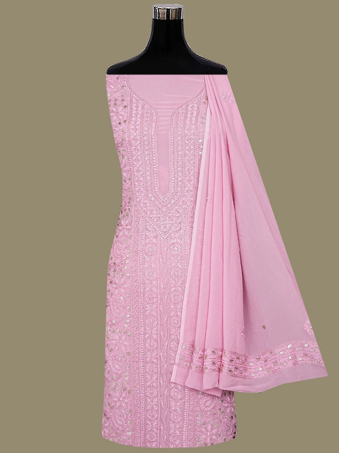 Ada Hand Embroidered Pink Viscose Georgette Lucknowi Chikankari Unstitched Kurta Dupatta Set With Gotapatti Work 01A802023