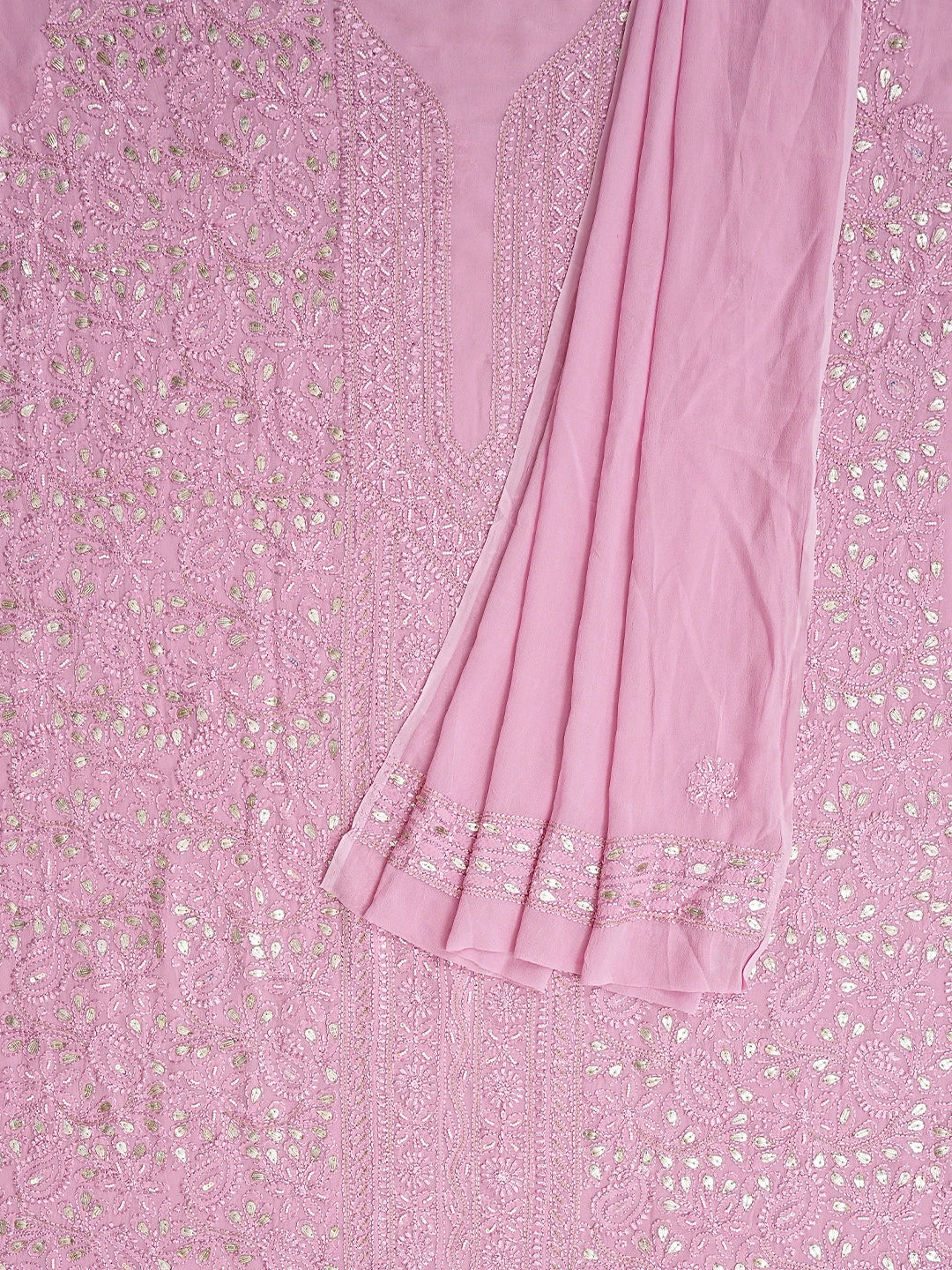 Ada Hand Embroidered Pink Viscose Georgette Lucknowi Chikankari Unstitched Kurta Dupatta Set With Gotapatti Work 01A802023