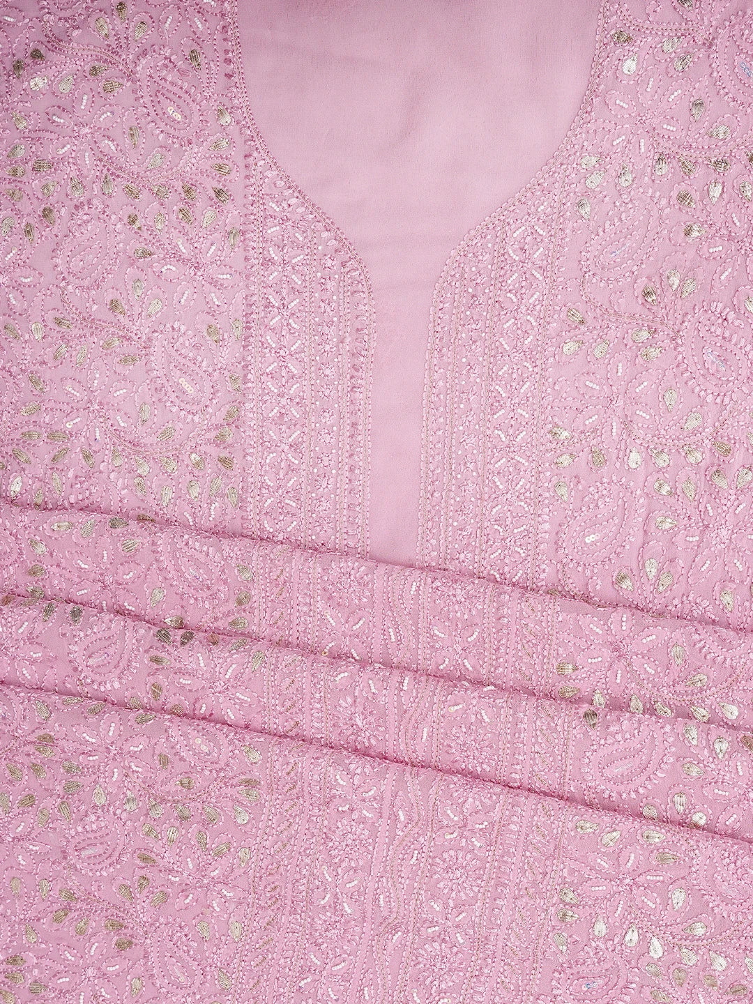 Ada Hand Embroidered Pink Viscose Georgette Lucknowi Chikankari Unstitched Kurta Dupatta Set With Gotapatti Work 01A802023