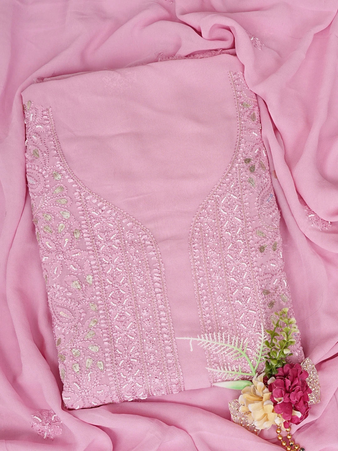Ada Hand Embroidered Pink Viscose Georgette Lucknowi Chikankari Unstitched Kurta Dupatta Set With Gotapatti Work 01A802023