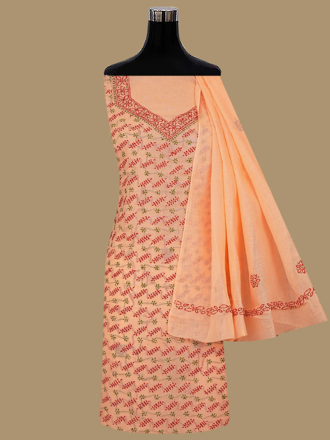 Ada Hand Embroidered Cantaloupe Orange Cotton Lucknowi Chikankari Unstitched Suit Piece 01A853443