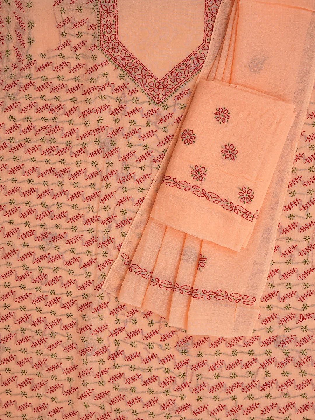 Ada Hand Embroidered Cantaloupe Orange Cotton Lucknowi Chikankari Unstitched Suit Piece 01A853443