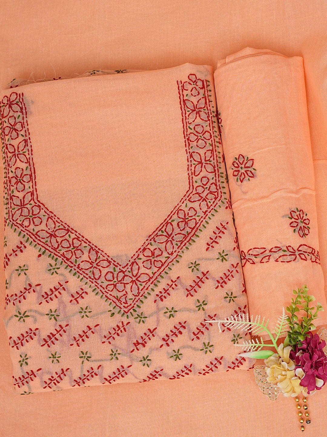 Ada Hand Embroidered Cantaloupe Orange Cotton Lucknowi Chikankari Unstitched Suit Piece 01A853443