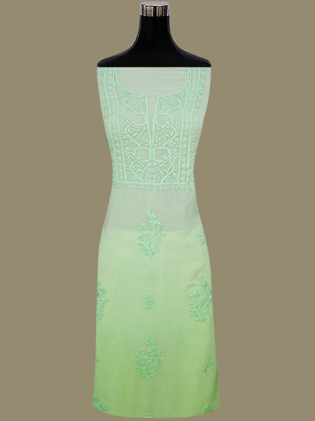Ada Hand Embroidered Ombre Shade of Light Green Viscose Georgette Lucknowi Chikankari Unstitched Kurta Dupatta Set 01A810414