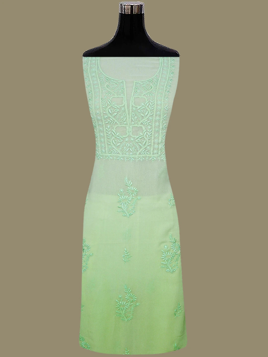 Ada Hand Embroidered Ombre Shade of Light Green Viscose Georgette Lucknowi Chikankari Unstitched Kurta Dupatta Set 01A810414
