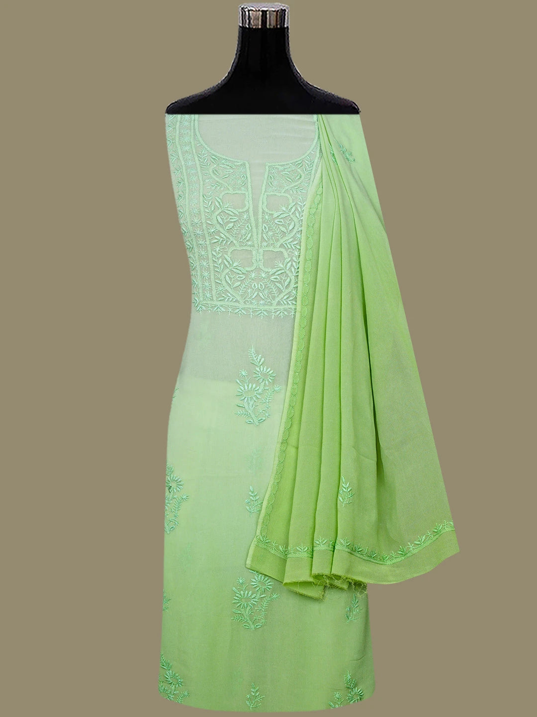 Ada Hand Embroidered Ombre Shade of Light Green Viscose Georgette Lucknowi Chikankari Unstitched Kurta Dupatta Set 01A810414