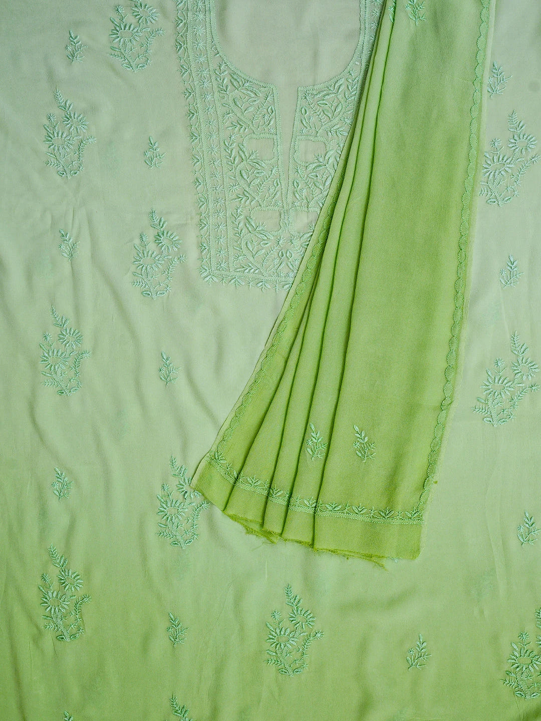 Ada Hand Embroidered Ombre Shade of Light Green Viscose Georgette Lucknowi Chikankari Unstitched Kurta Dupatta Set 01A810414