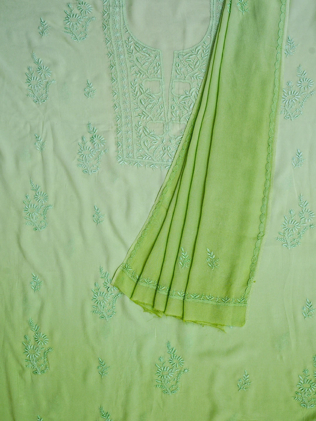 Ada Hand Embroidered Ombre Shade of Light Green Viscose Georgette Lucknowi Chikankari Unstitched Kurta Dupatta Set 01A810414