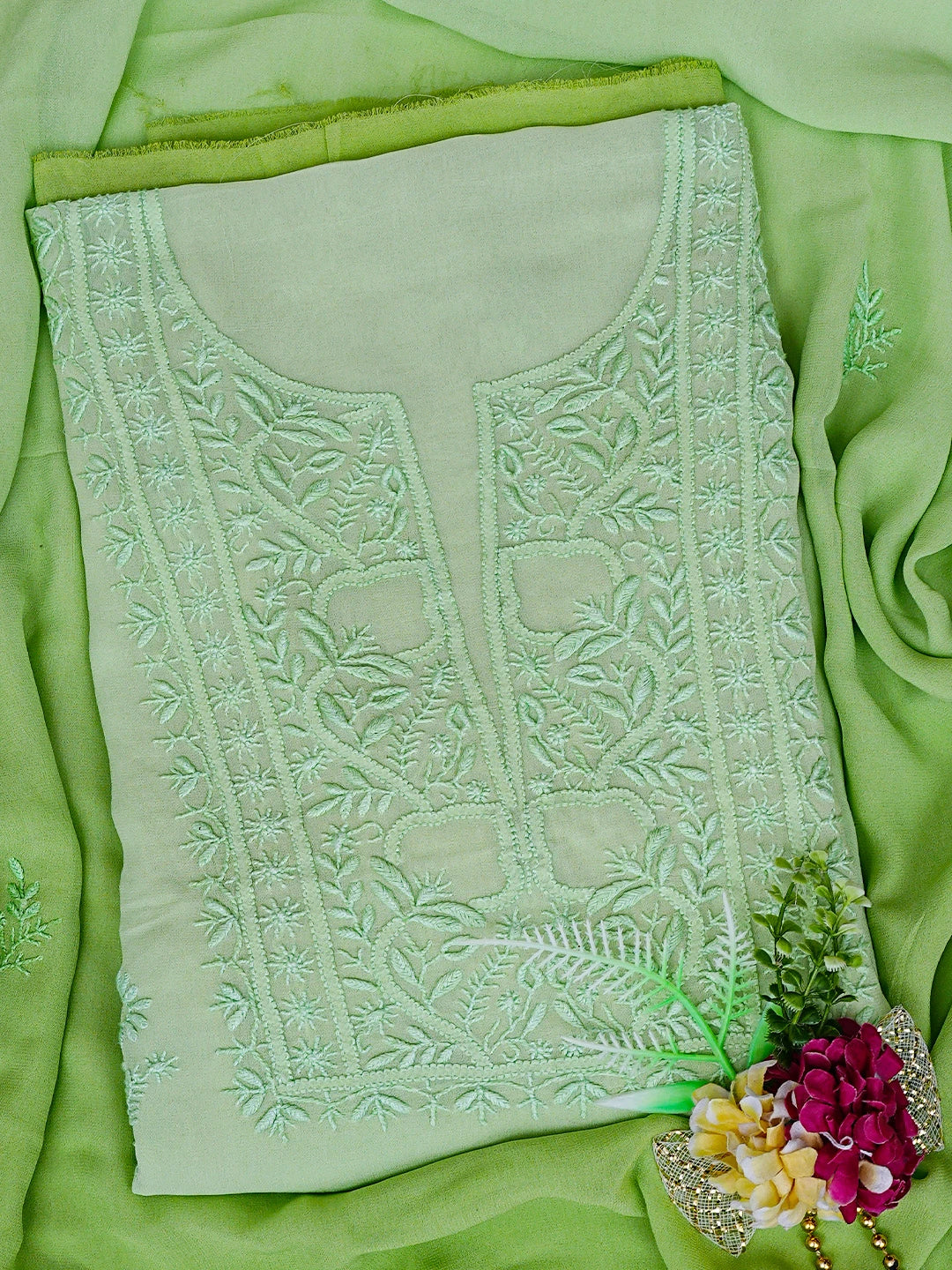Ada Hand Embroidered Ombre Shade of Light Green Viscose Georgette Lucknowi Chikankari Unstitched Kurta Dupatta Set 01A810414