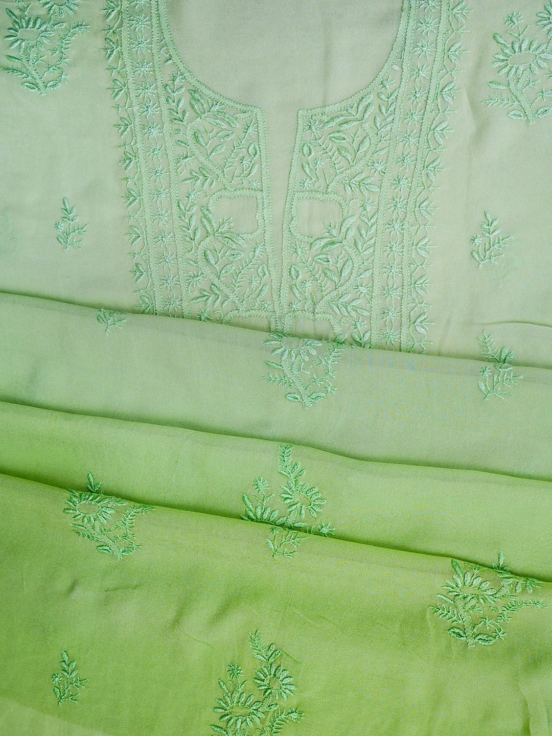Ada Hand Embroidered Ombre Shade of Light Green Viscose Georgette Lucknowi Chikankari Unstitched Kurta Dupatta Set 01A810414