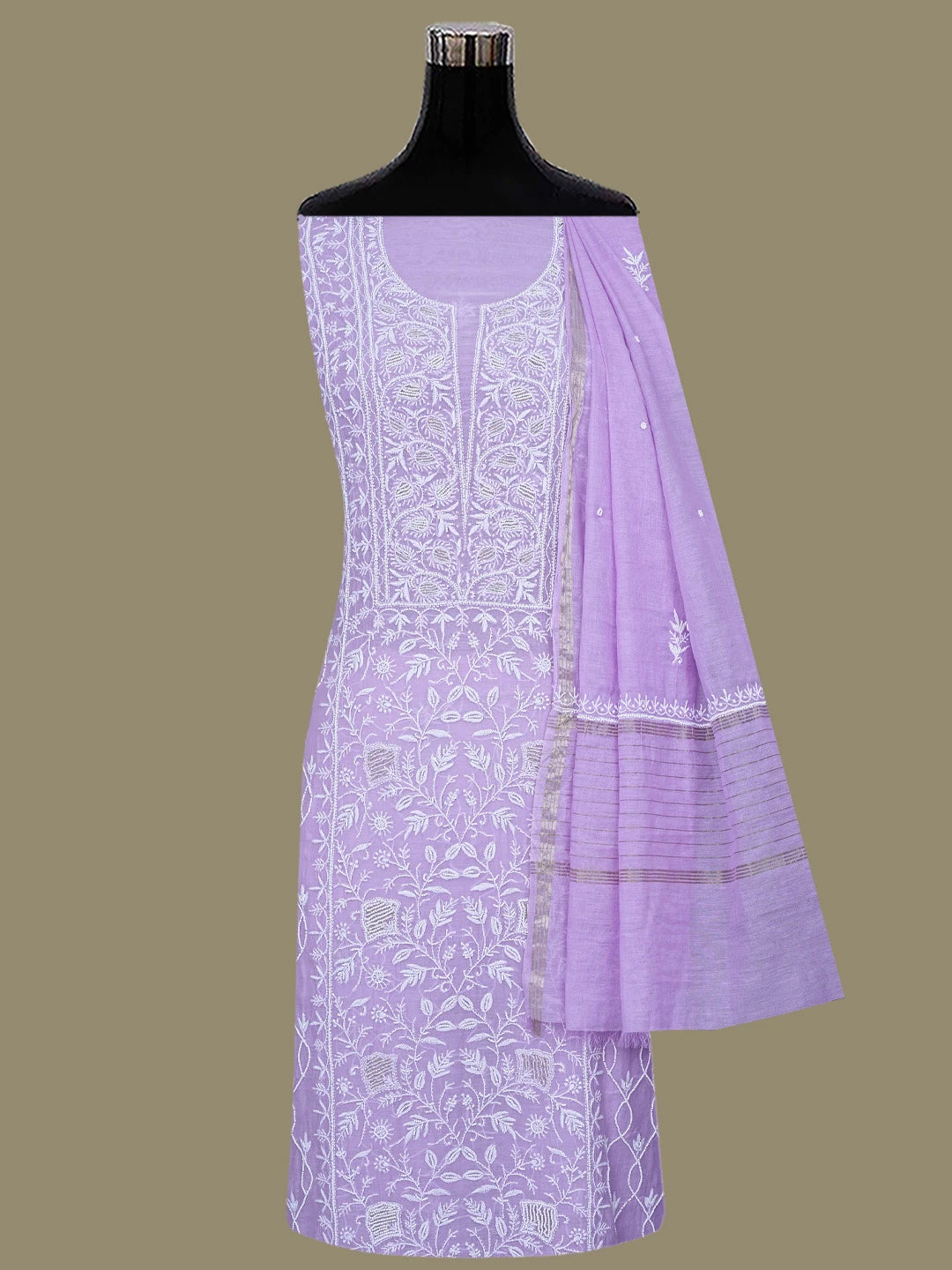 Ada Hand Embroidered Mauve Chanderi Lucknowi Chikankari Unstitched Kurta Dupatta Set With Pearl Work 01A811828