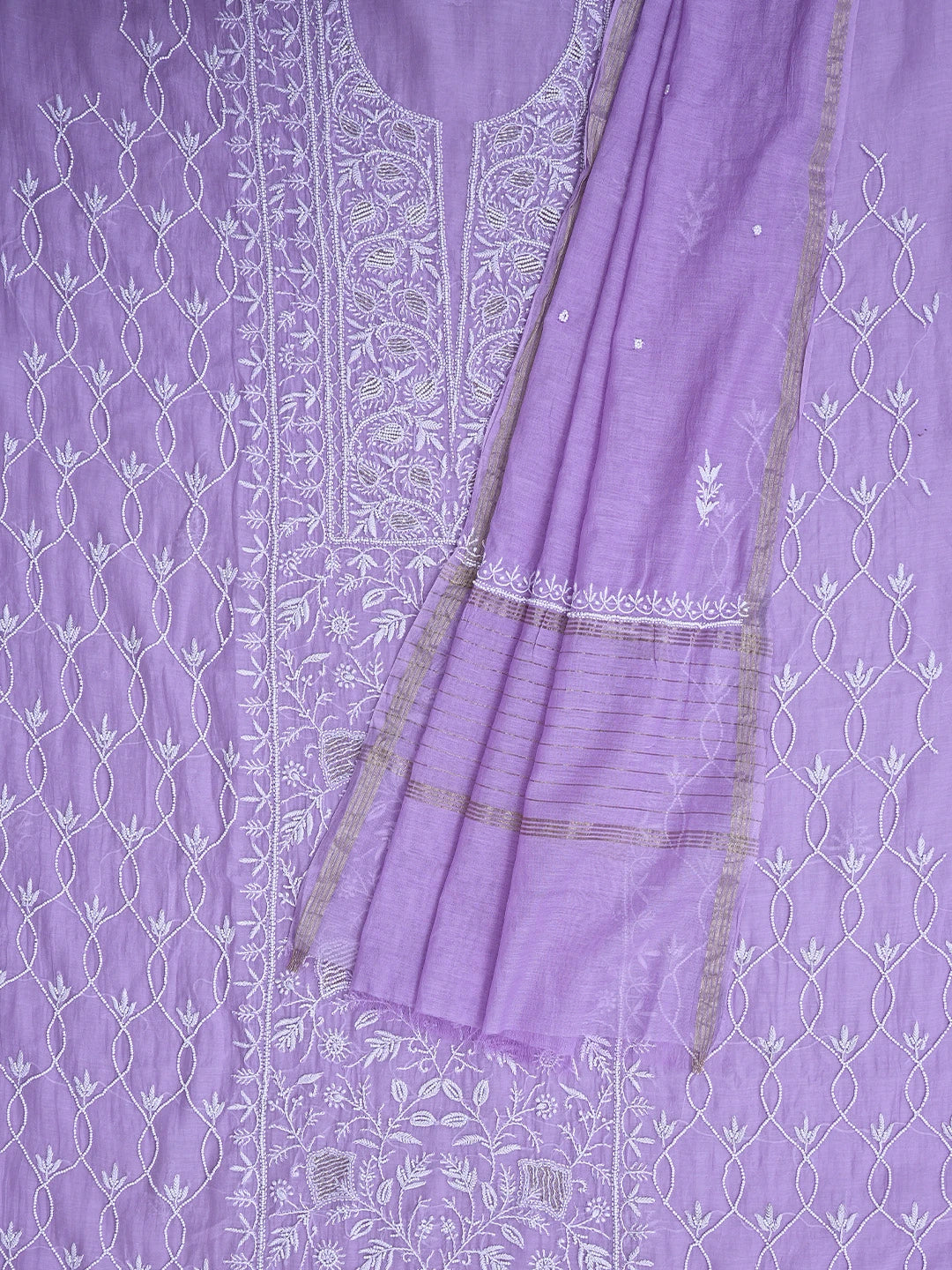 Ada Hand Embroidered Mauve Chanderi Lucknowi Chikankari Unstitched Kurta Dupatta Set With Pearl Work 01A811828