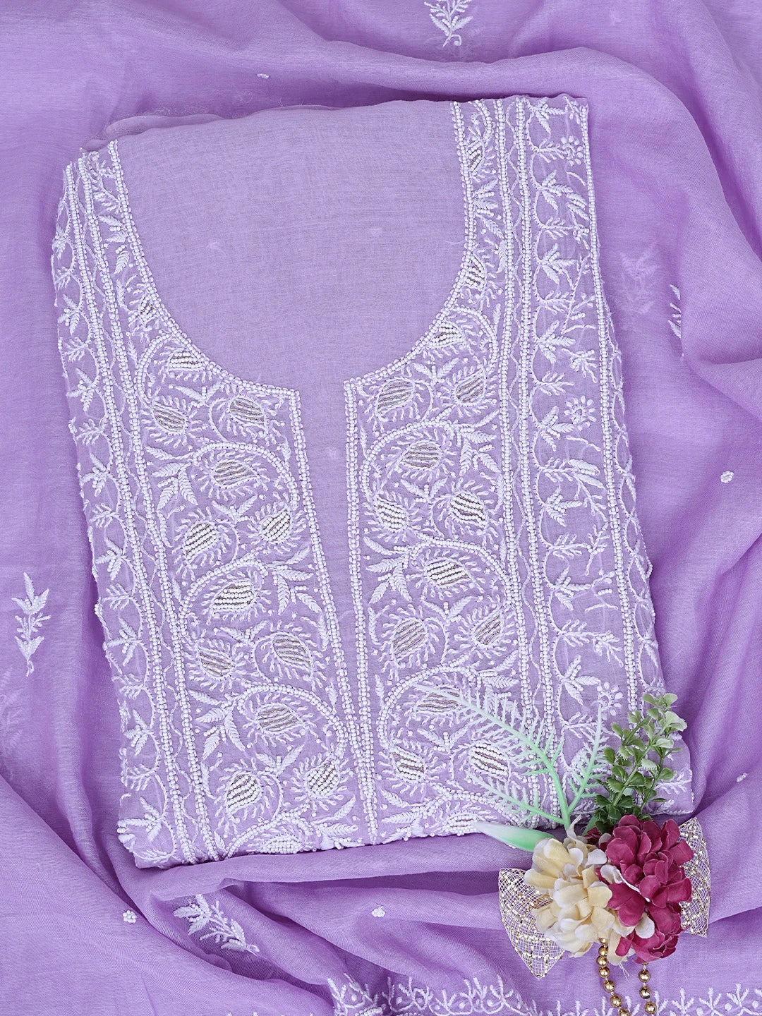 Ada Hand Embroidered Mauve Chanderi Lucknowi Chikankari Unstitched Kurta Dupatta Set With Pearl Work 01A811828