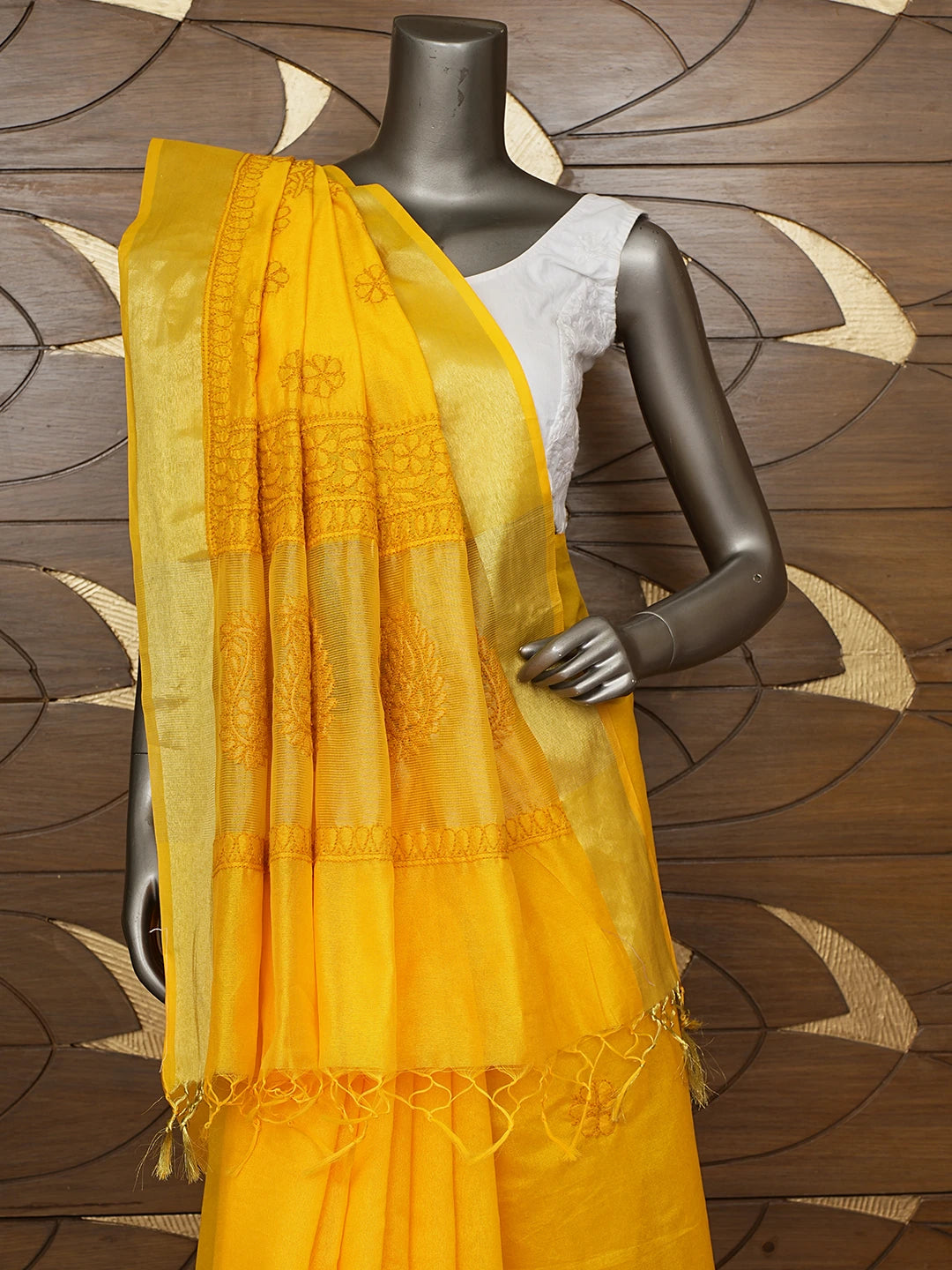 Ada Hand Embroidered Gold Yellow Chanderi Lucknowi Chikankari Saree With Blouse 01A854982