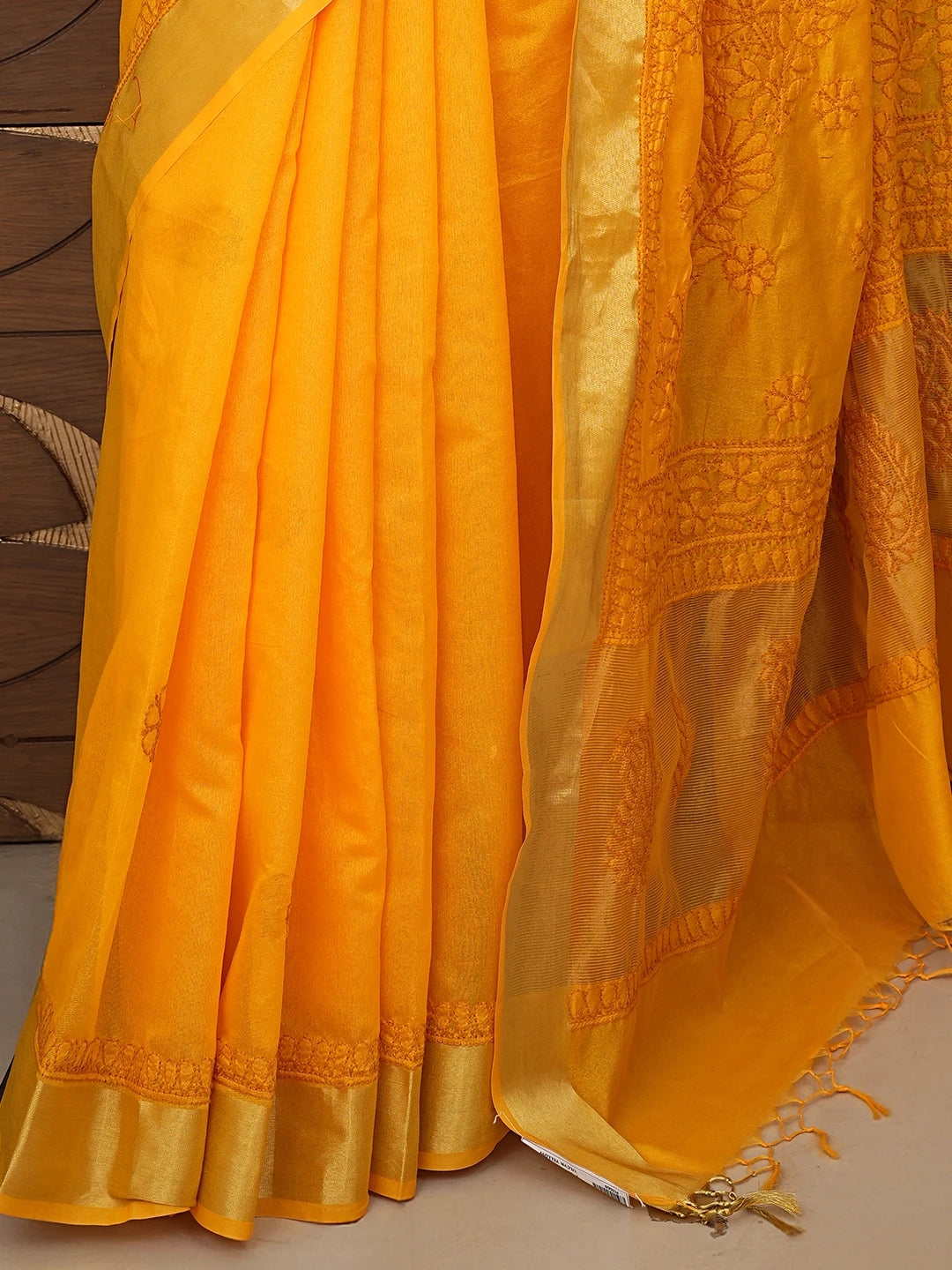 Ada Hand Embroidered Gold Yellow Chanderi Lucknowi Chikankari Saree With Blouse 01A854982