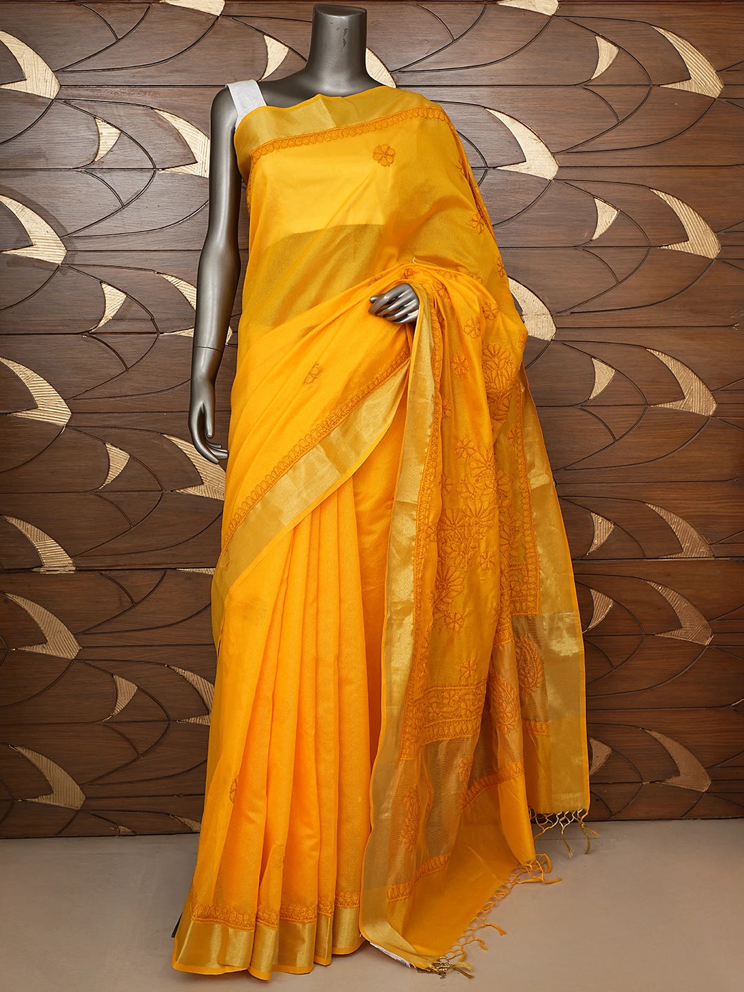 Ada Hand Embroidered Gold Yellow Chanderi Lucknowi Chikankari Saree With Blouse 01A854982