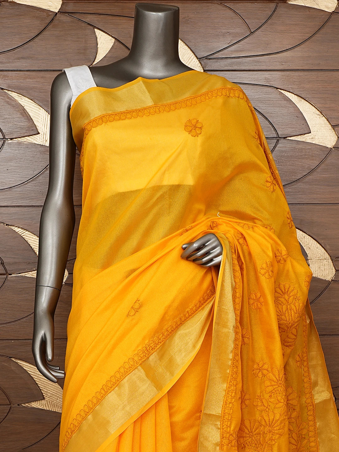 Ada Hand Embroidered Gold Yellow Chanderi Lucknowi Chikankari Saree With Blouse 01A854982