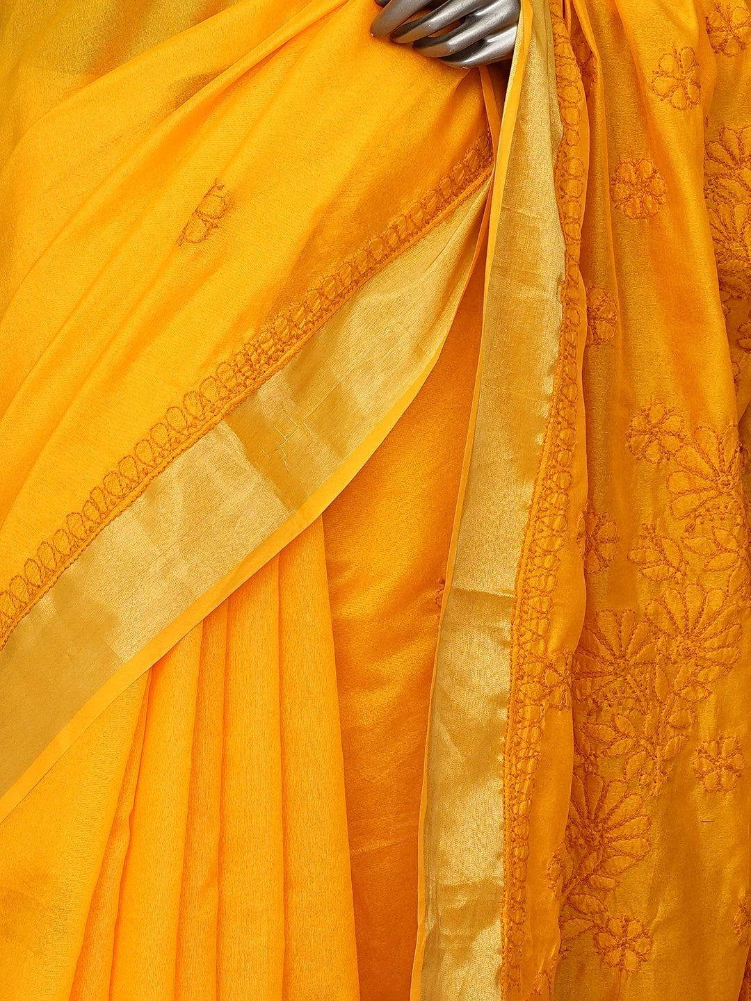 Ada Hand Embroidered Gold Yellow Chanderi Lucknowi Chikankari Saree With Blouse 01A854982