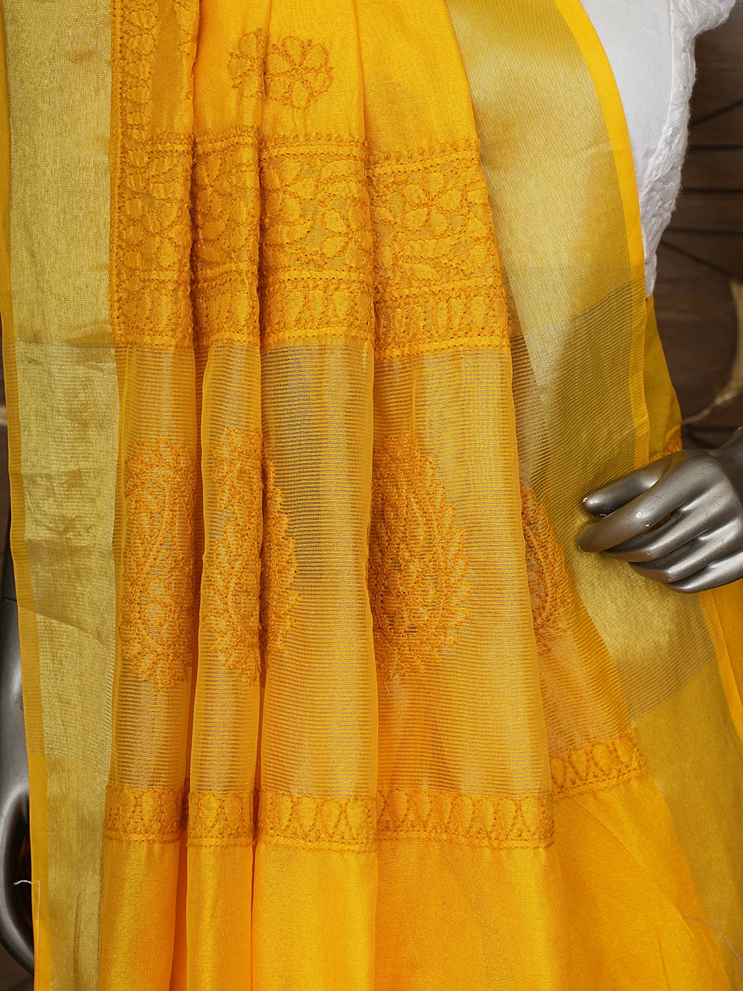 Ada Hand Embroidered Gold Yellow Chanderi Lucknowi Chikankari Saree With Blouse 01A854982