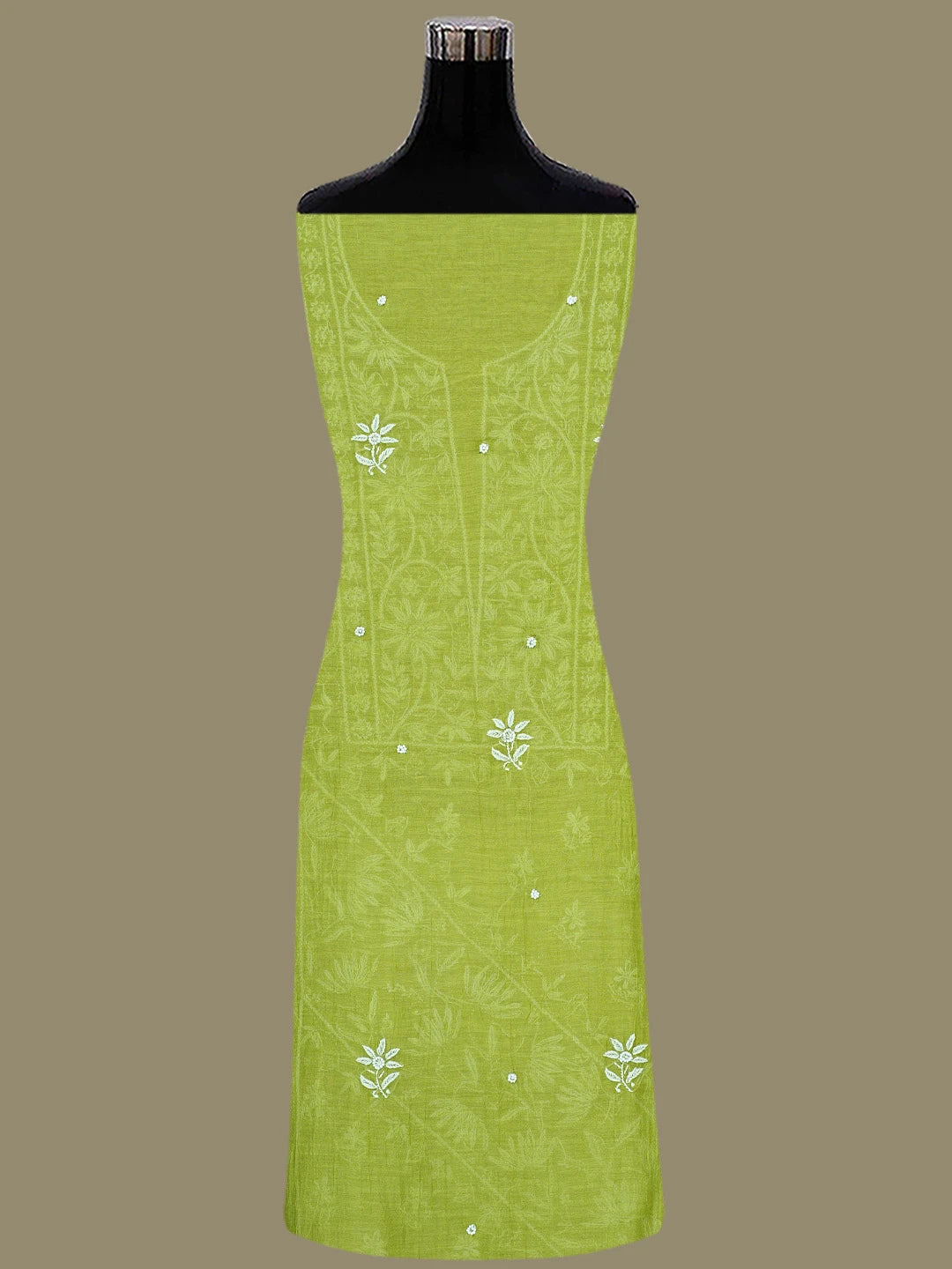Ada Hand Embroidered Mehendi Green Chanderi Lucknowi Chikankari Unstitched Kurta Dupatta Set With Cutdana Work 01A819259