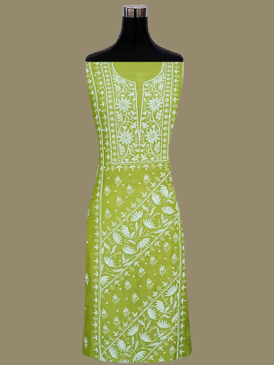 Ada Hand Embroidered Mehendi Green Chanderi Lucknowi Chikankari Unstitched Kurta Dupatta Set With Cutdana Work 01A819259