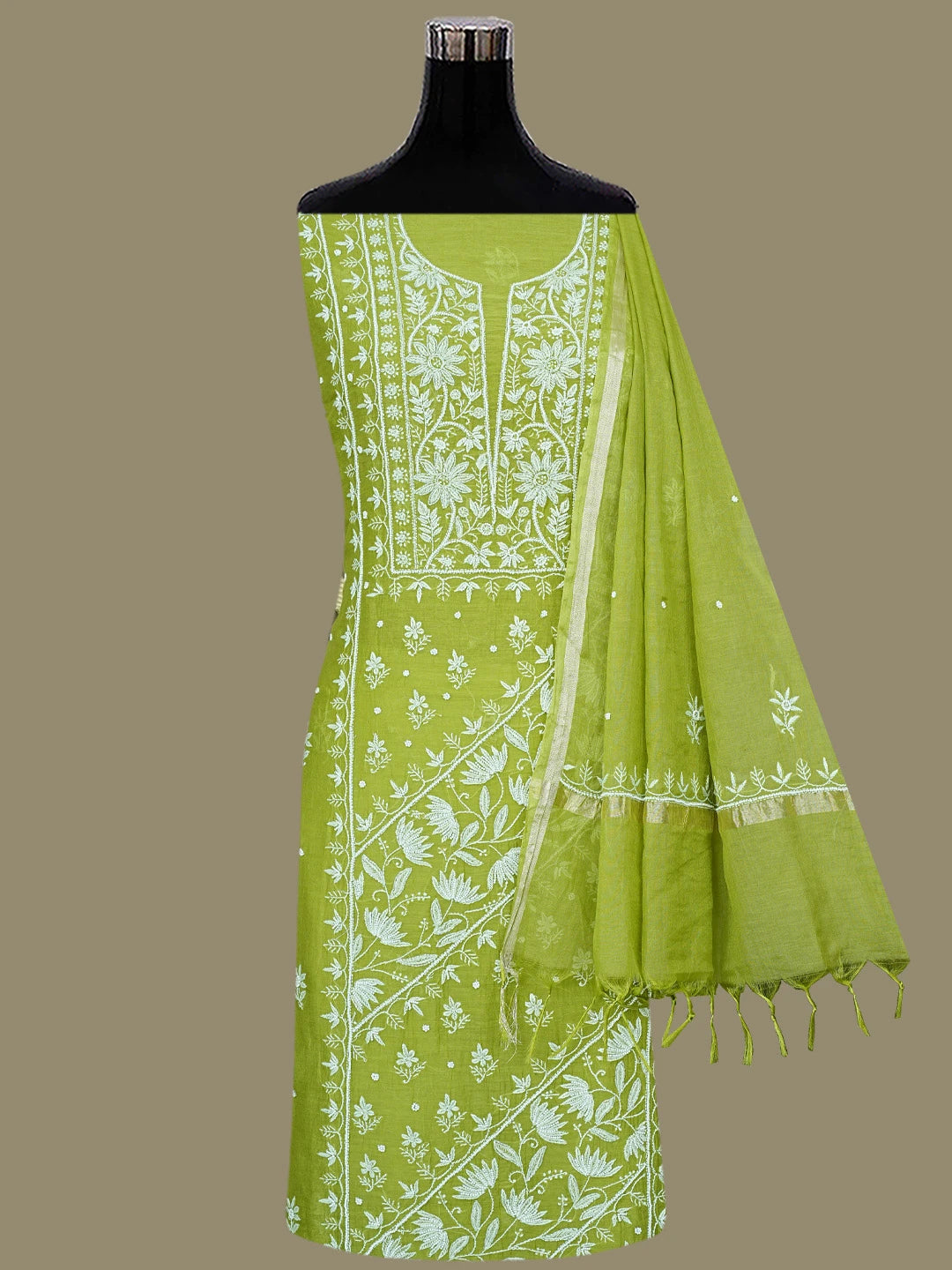 Ada Hand Embroidered Mehendi Green Chanderi Lucknowi Chikankari Unstitched Kurta Dupatta Set With Cutdana Work 01A819259