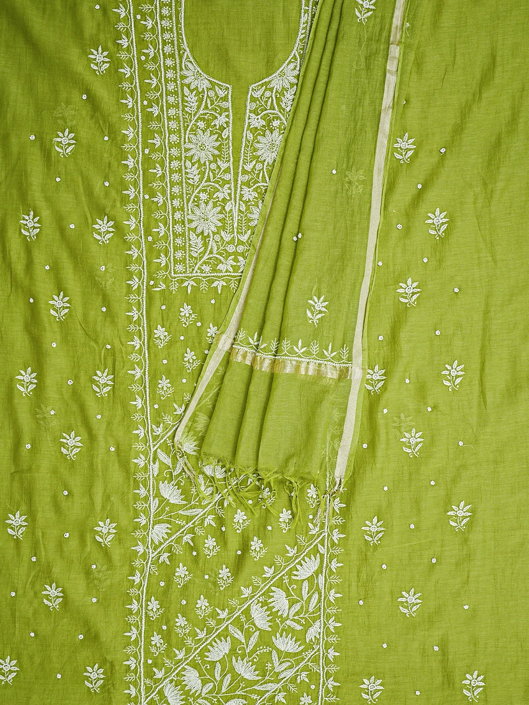 Ada Hand Embroidered Mehendi Green Chanderi Lucknowi Chikankari Unstitched Kurta Dupatta Set With Cutdana Work 01A819259