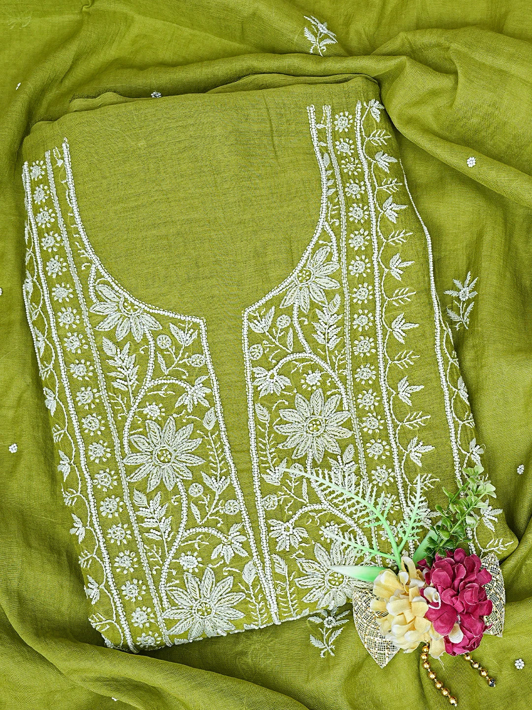 Ada Hand Embroidered Mehendi Green Chanderi Lucknowi Chikankari Unstitched Kurta Dupatta Set With Cutdana Work 01A819259