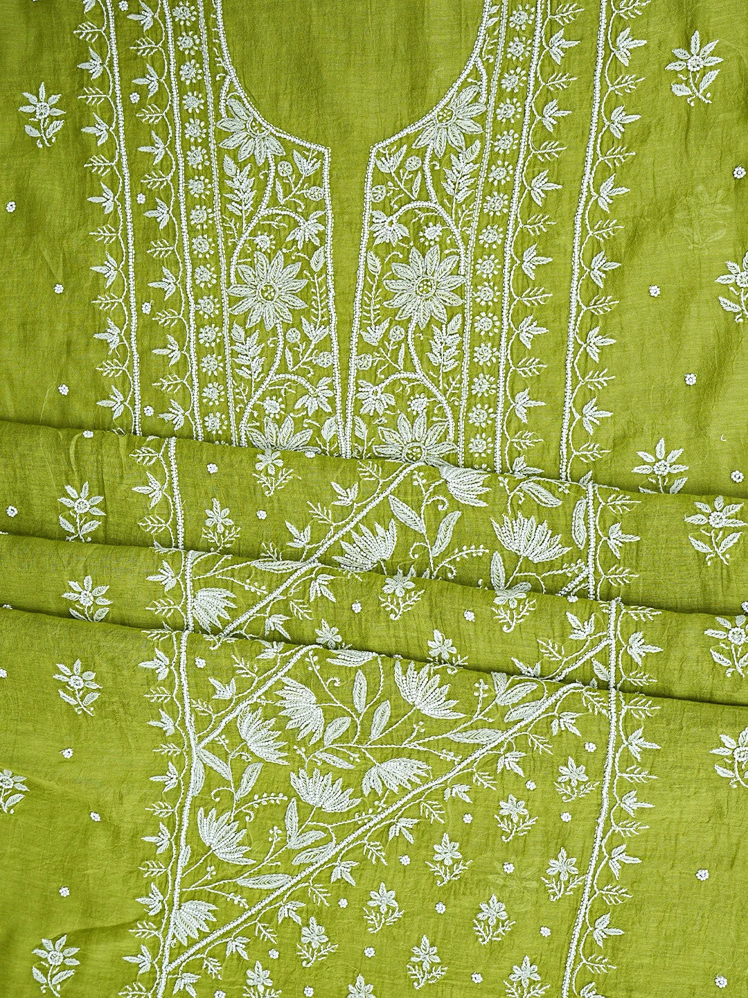 Ada Hand Embroidered Mehendi Green Chanderi Lucknowi Chikankari Unstitched Kurta Dupatta Set With Cutdana Work 01A819259