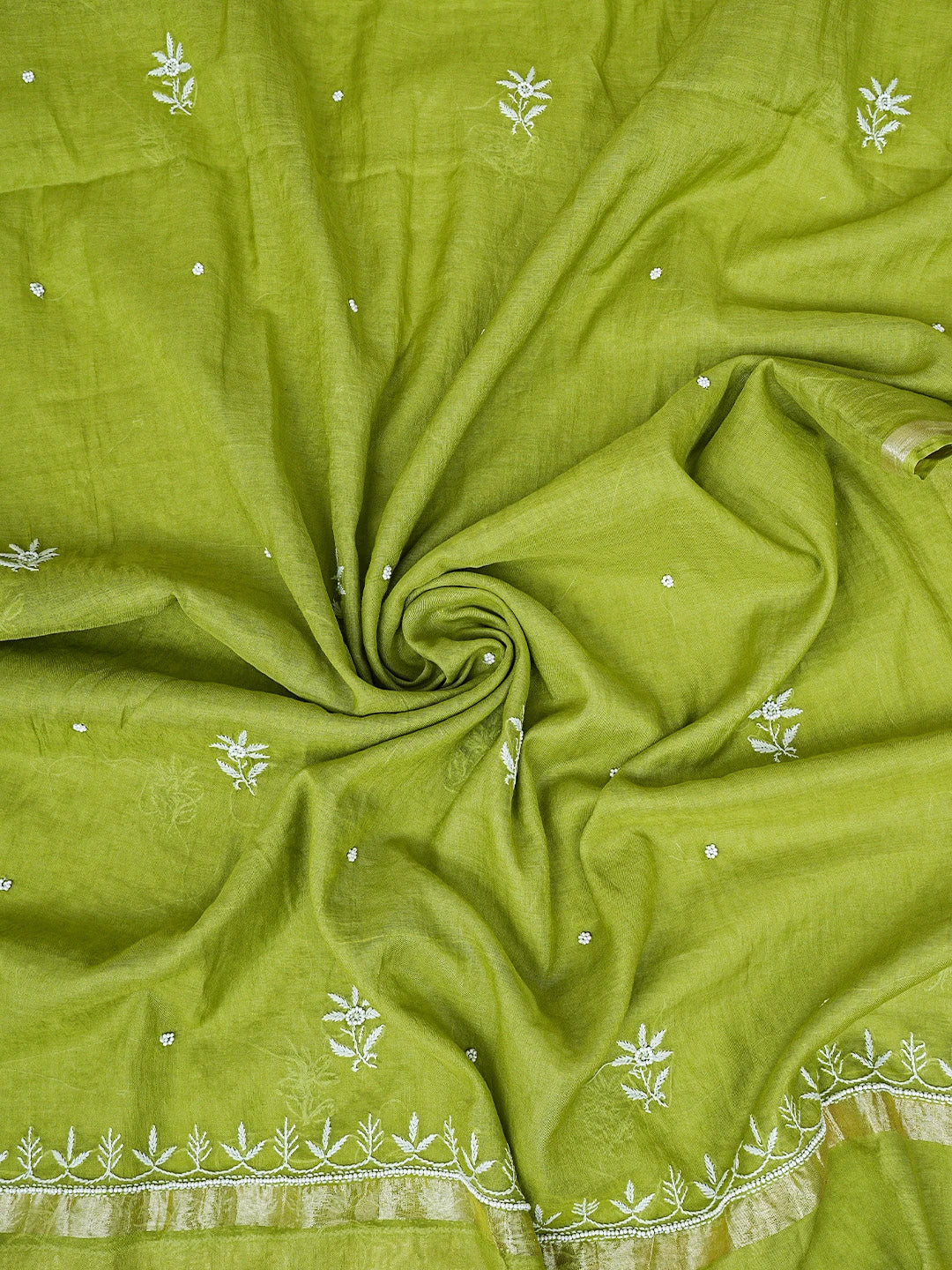 Ada Hand Embroidered Mehendi Green Chanderi Lucknowi Chikankari Unstitched Kurta Dupatta Set With Cutdana Work 01A819259