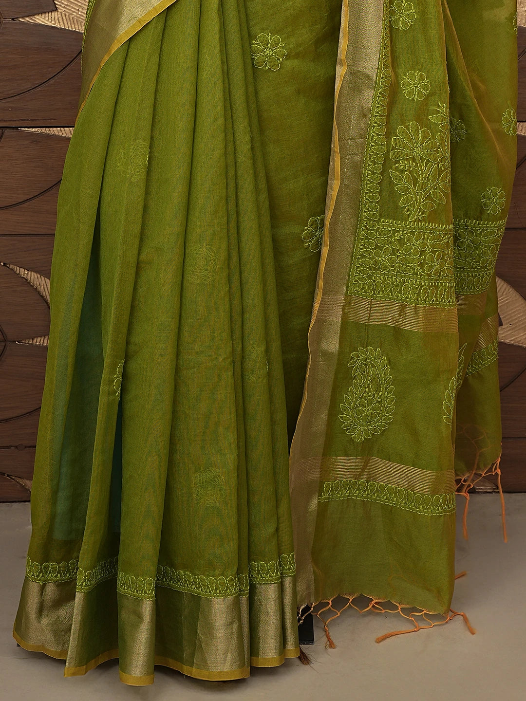 Ada Hand Embroidered Mehandi Green Chanderi Lucknowi Chikankari Saree and Blouse 01A854972