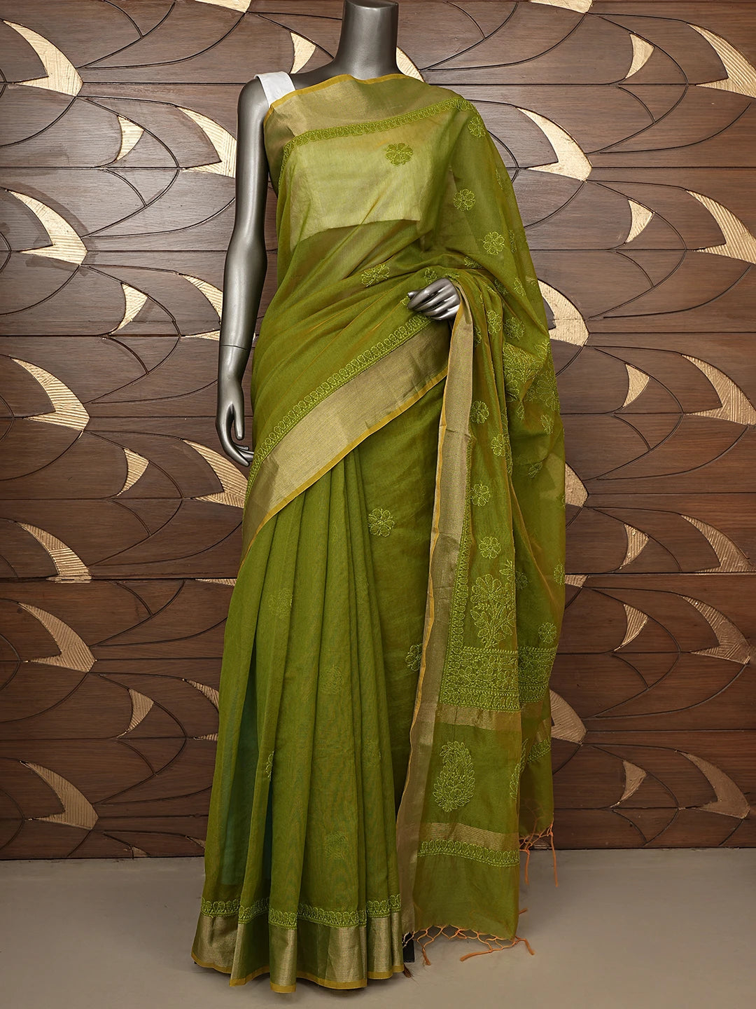 Ada Hand Embroidered Mehandi Green Chanderi Lucknowi Chikankari Saree and Blouse 01A854972