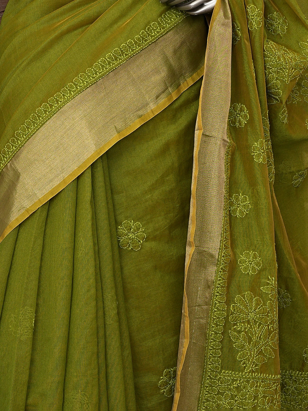 Ada Hand Embroidered Mehandi Green Chanderi Lucknowi Chikankari Saree and Blouse 01A854972