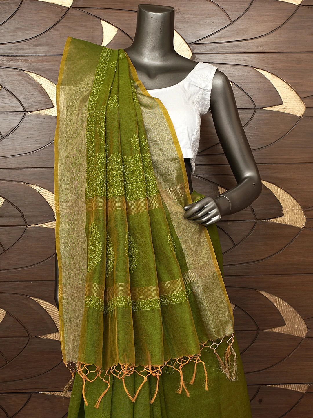 Ada Hand Embroidered Mehandi Green Chanderi Lucknowi Chikankari Saree and Blouse 01A854972