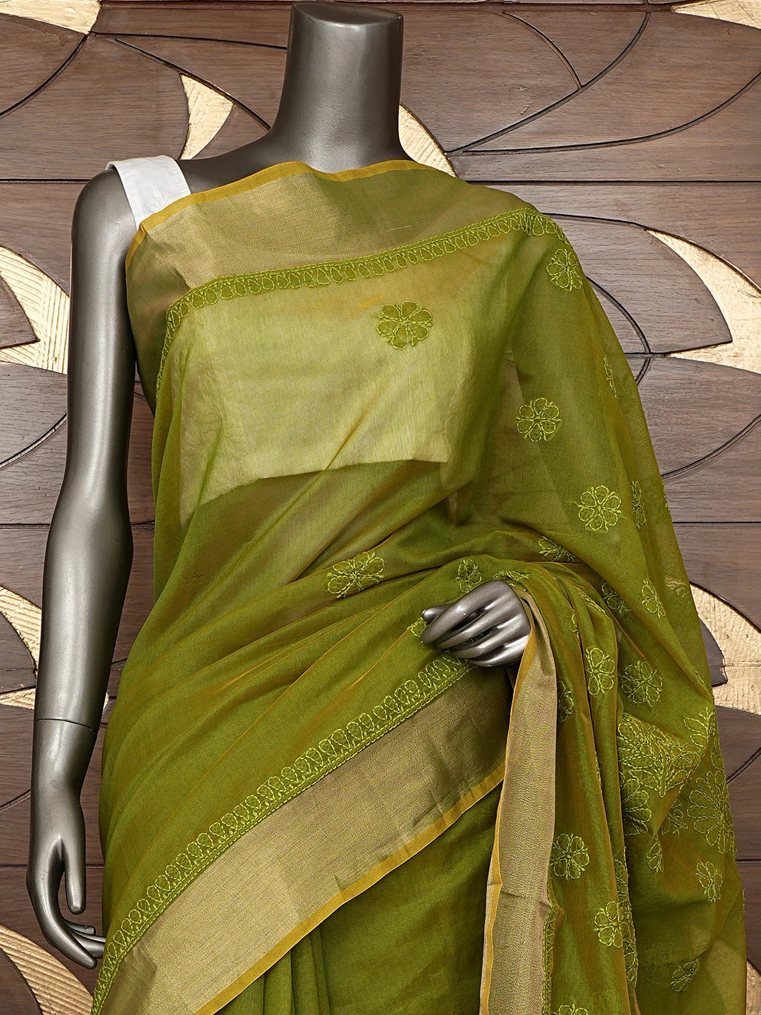 Ada Hand Embroidered Mehandi Green Chanderi Lucknowi Chikankari Saree and Blouse 01A854972