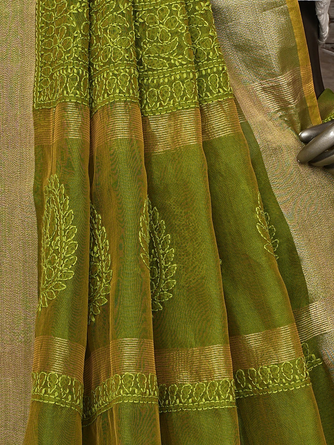 Ada Hand Embroidered Mehandi Green Chanderi Lucknowi Chikankari Saree and Blouse 01A854972