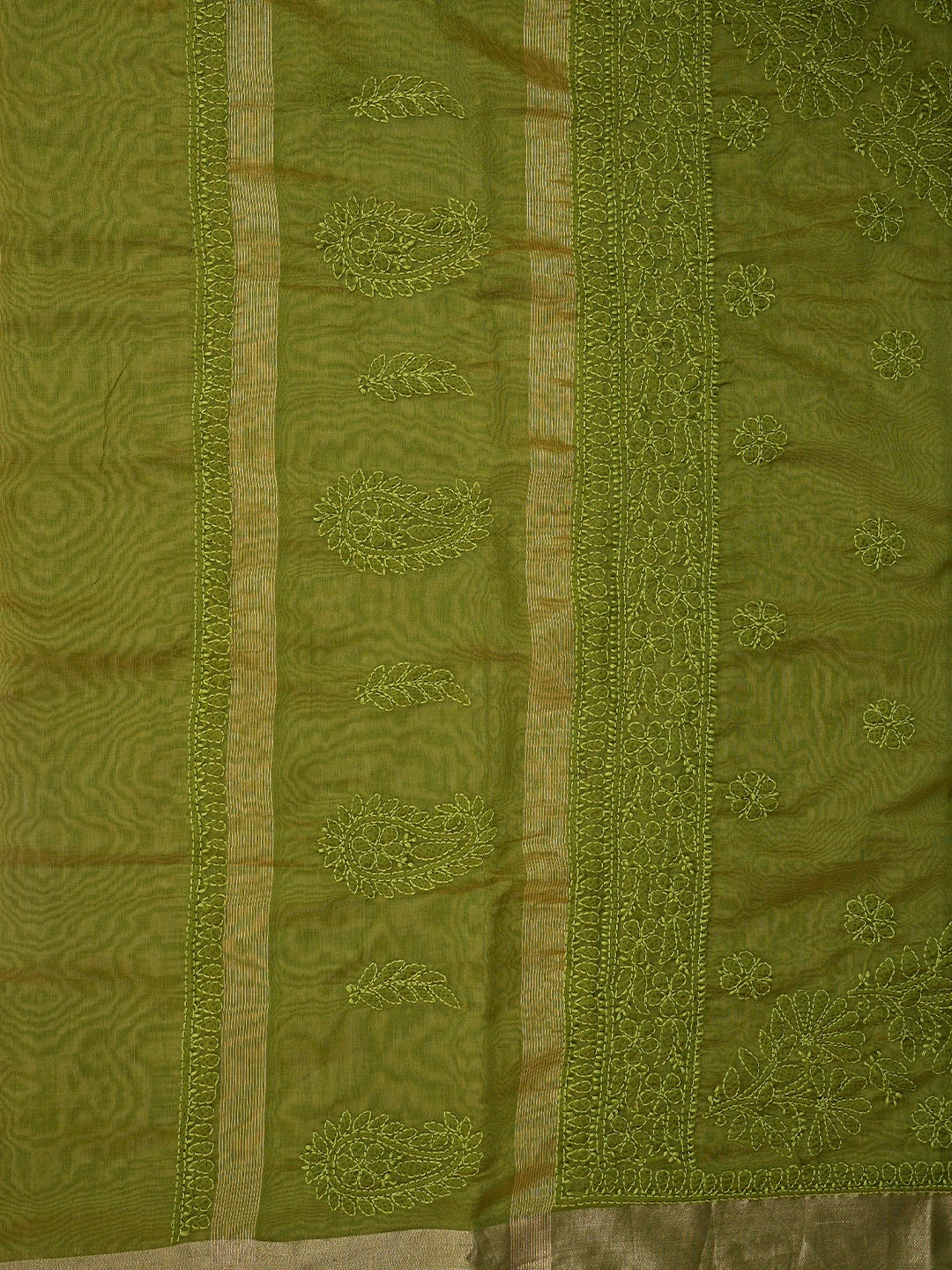 Ada Hand Embroidered Mehandi Green Chanderi Lucknowi Chikankari Saree and Blouse 01A854972
