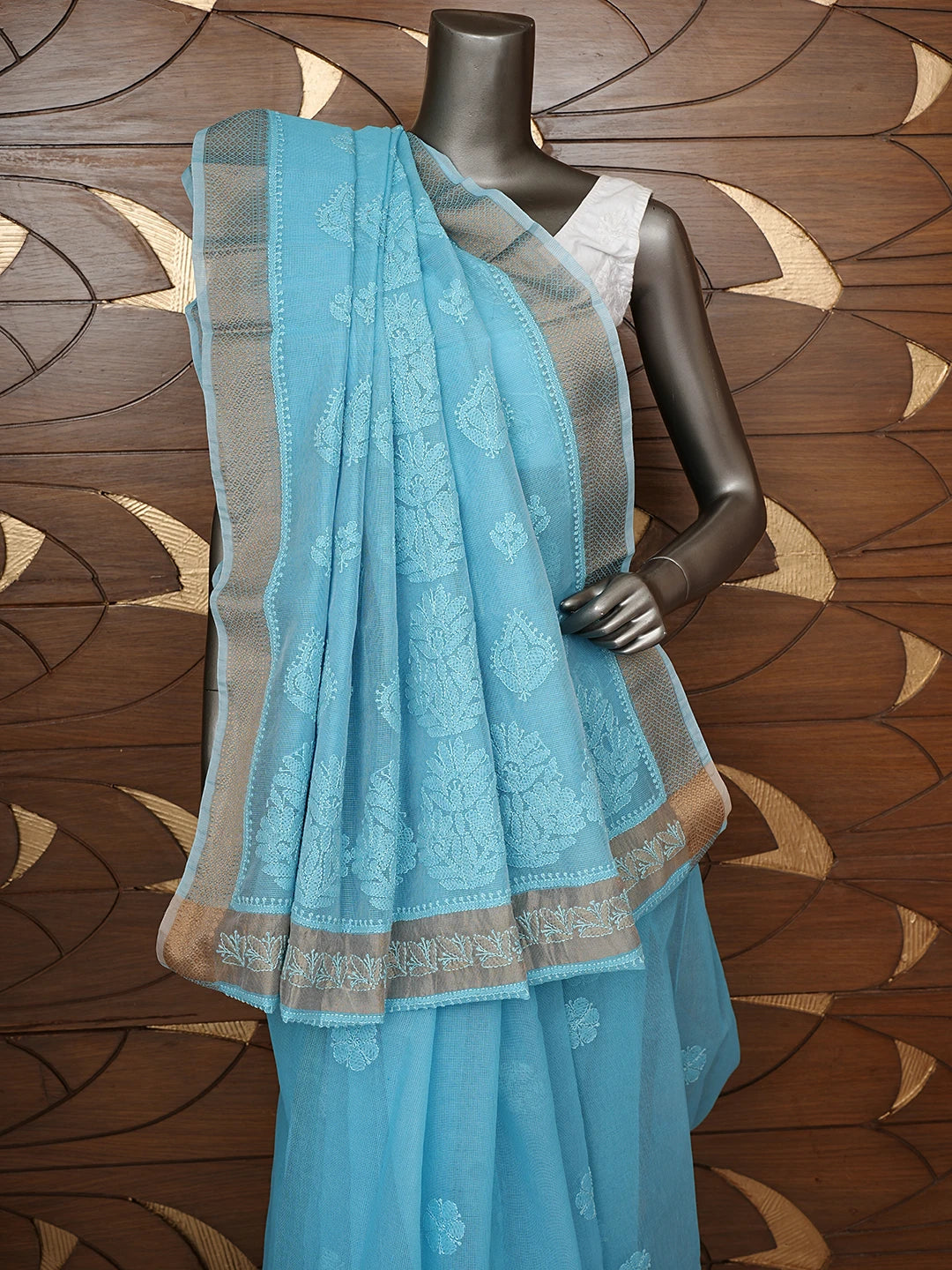 Ada Hand Embroidered Blue Chanderi Lucknowi Chikankari Saree and Blouse 01A847214