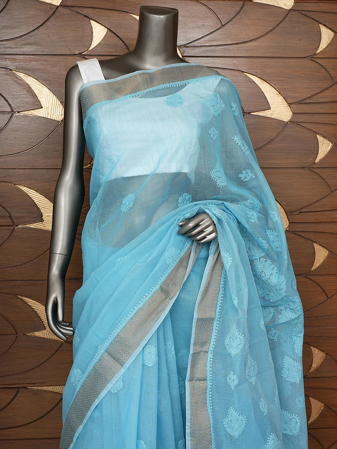 Ada Hand Embroidered Blue Chanderi Lucknowi Chikankari Saree and Blouse 01A847214