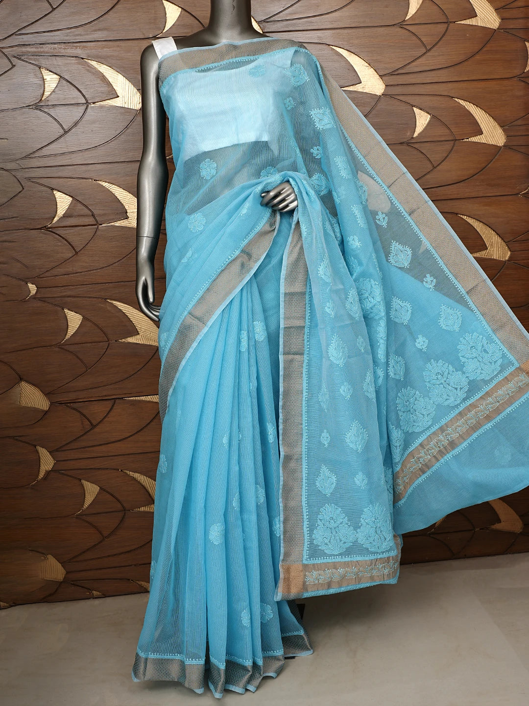 Ada Hand Embroidered Blue Chanderi Lucknowi Chikankari Saree and Blouse 01A847214