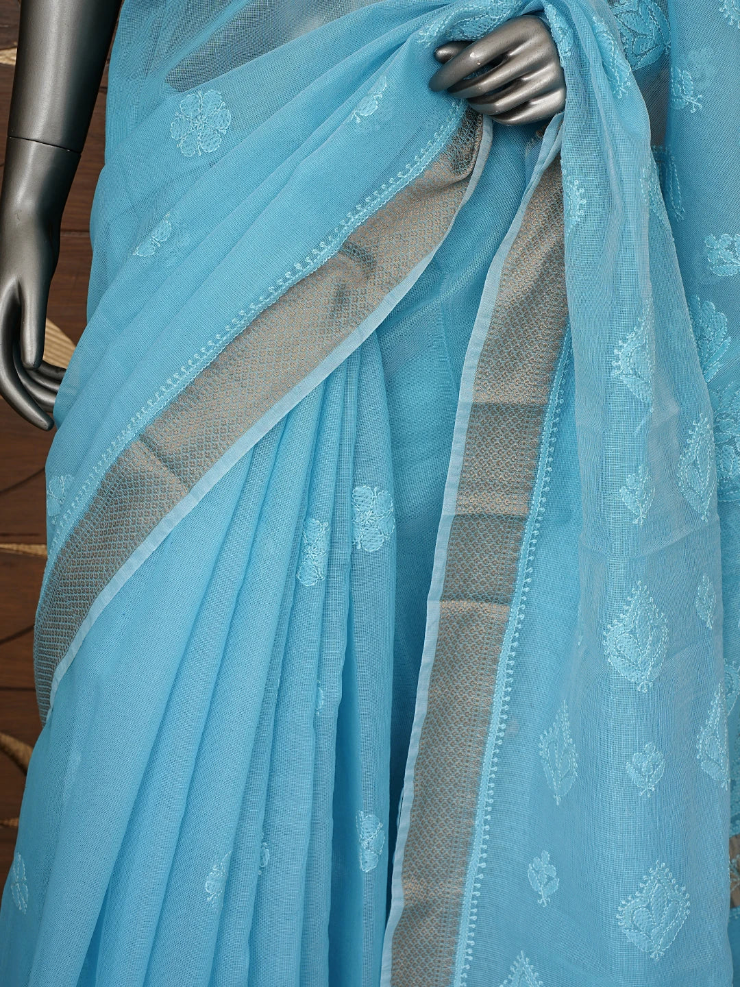 Ada Hand Embroidered Blue Chanderi Lucknowi Chikankari Saree and Blouse 01A847214