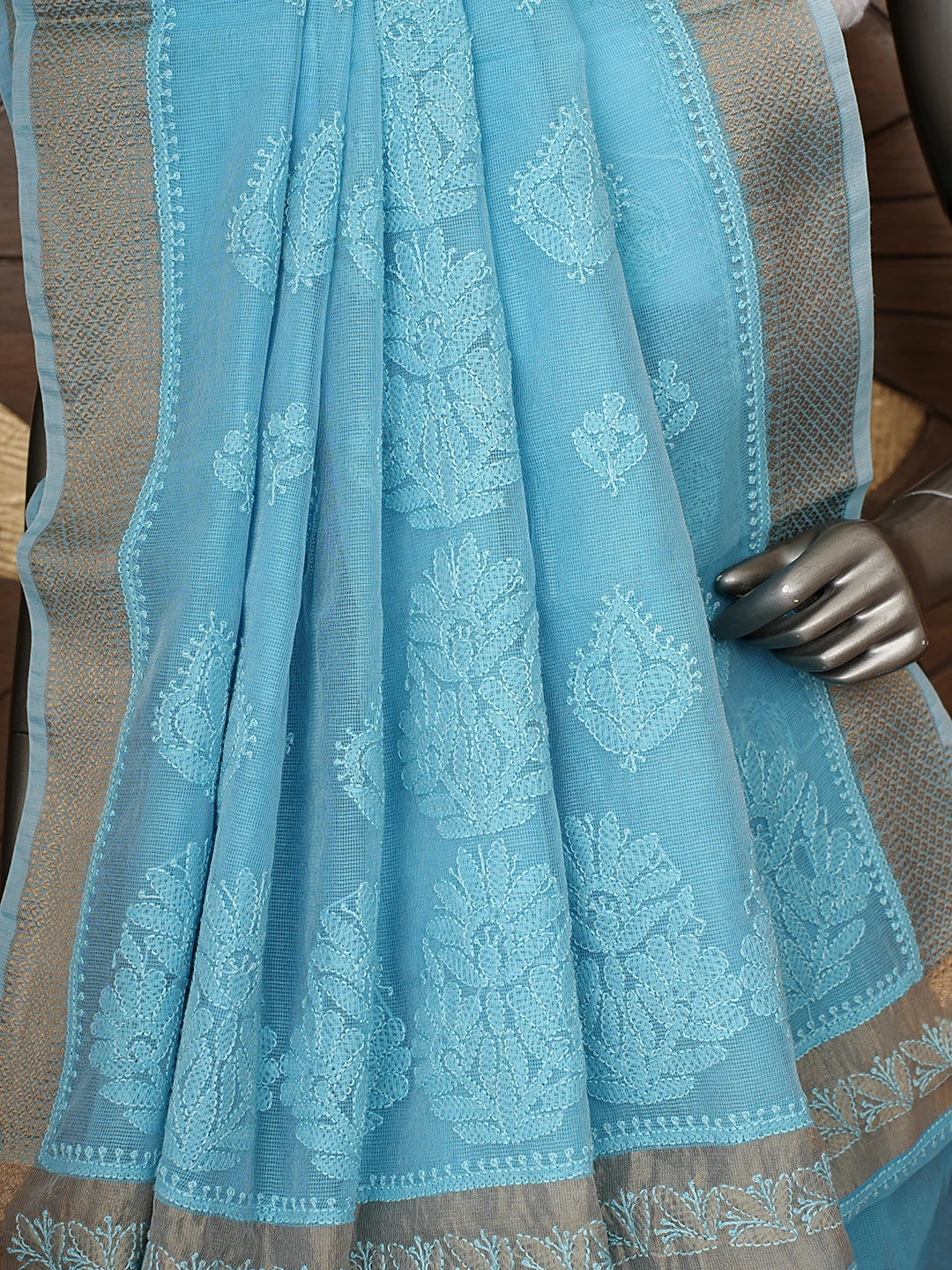 Ada Hand Embroidered Blue Chanderi Lucknowi Chikankari Saree and Blouse 01A847214