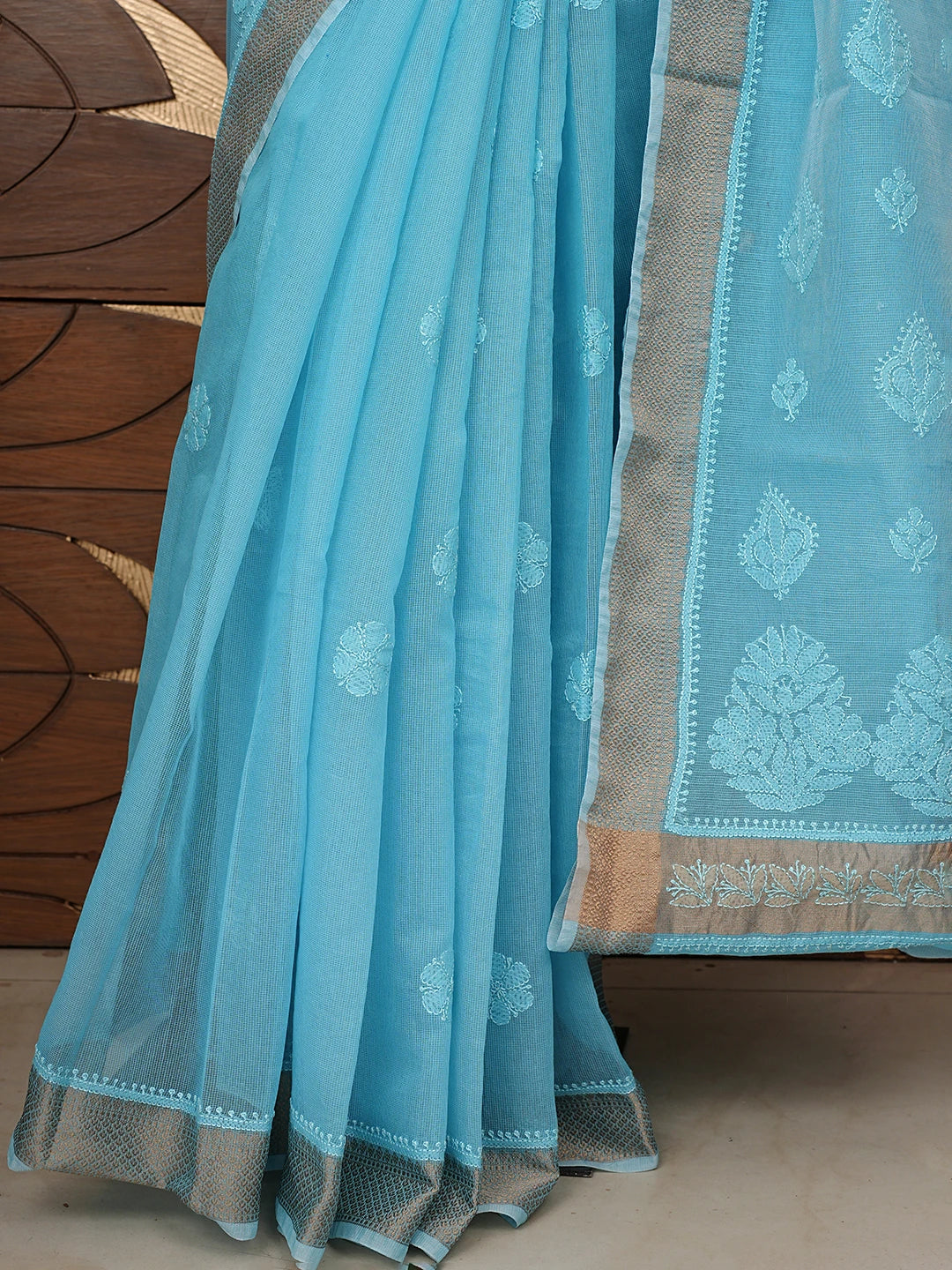 Ada Hand Embroidered Blue Chanderi Lucknowi Chikankari Saree and Blouse 01A847214