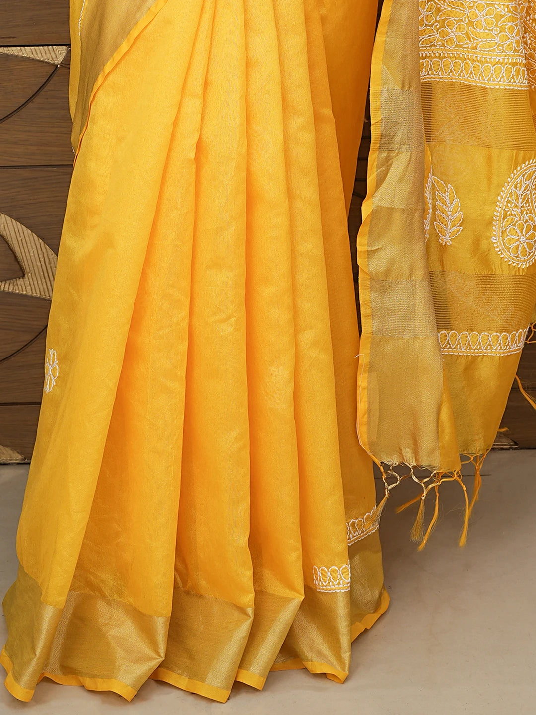 Ada Hand Embroidered Yellow Chanderi Lucknowi Chikankari Saree With Blouse 01A854984
