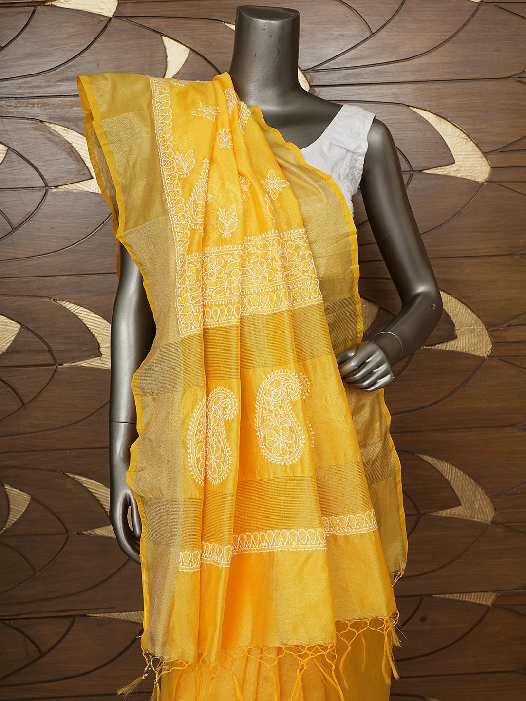 Ada Hand Embroidered Yellow Chanderi Lucknowi Chikankari Saree With Blouse 01A854984
