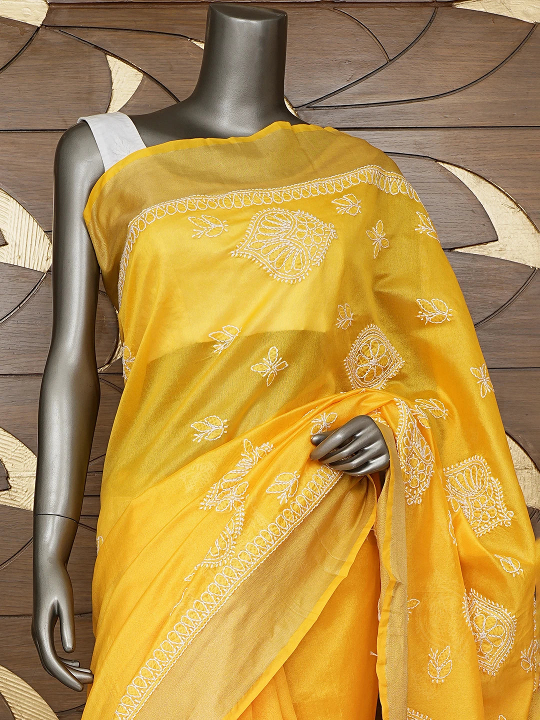 Ada Hand Embroidered Yellow Chanderi Lucknowi Chikankari Saree With Blouse 01A854984
