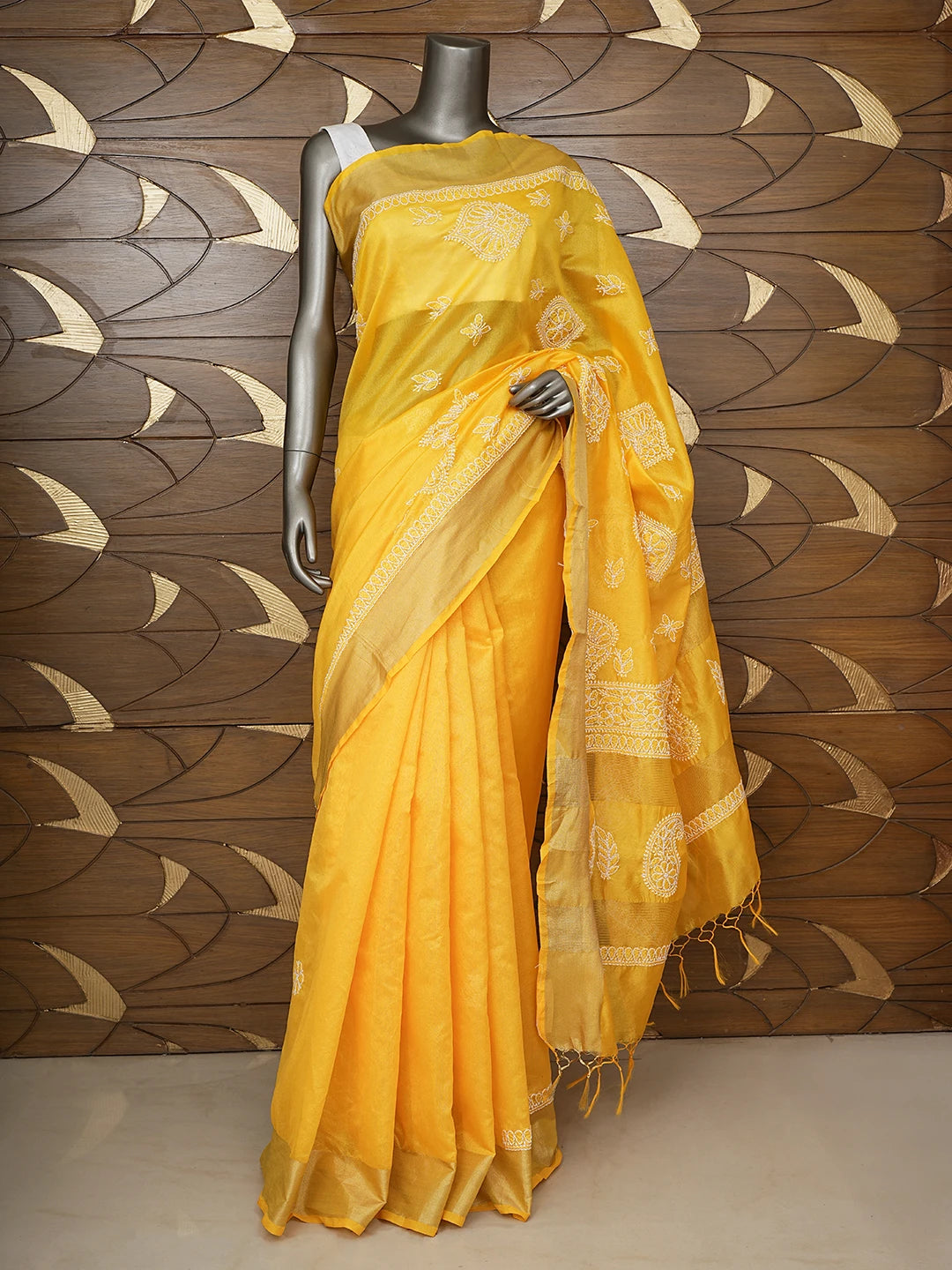 Ada Hand Embroidered Yellow Chanderi Lucknowi Chikankari Saree With Blouse 01A854984