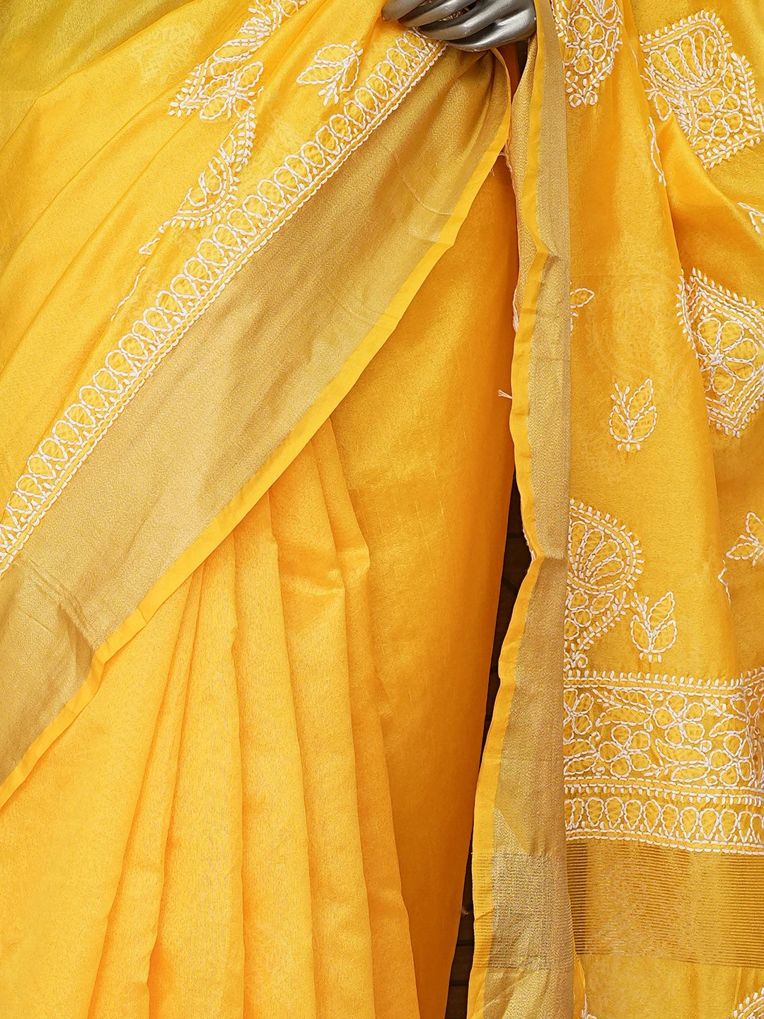 Ada Hand Embroidered Yellow Chanderi Lucknowi Chikankari Saree With Blouse 01A854984