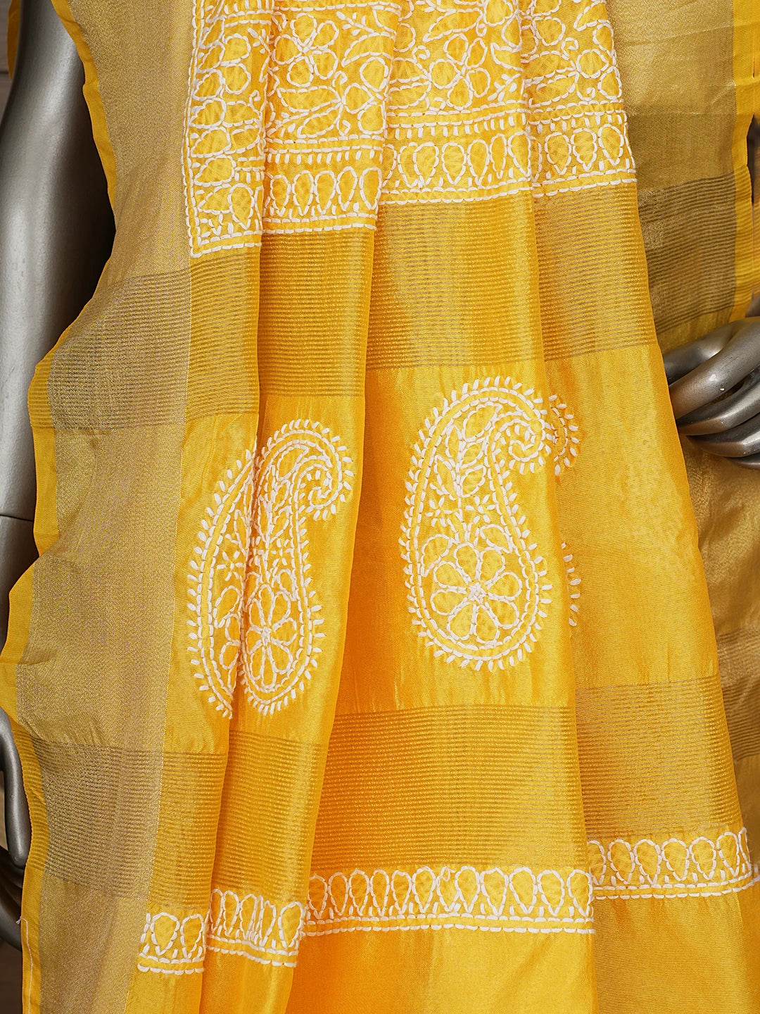 Ada Hand Embroidered Yellow Chanderi Lucknowi Chikankari Saree With Blouse 01A854984